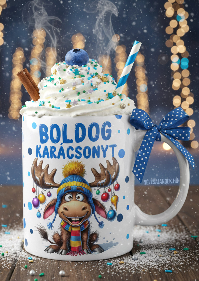 Rénszarvasos karácsonyi bögre (3 dl) – „Boldog Karácsonyt” feliratú kék dizájnnal, mókás ajándék az ünnepekre